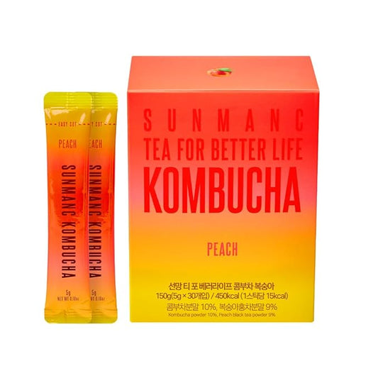 SUNMANC Kombucha 30 packets, Sparkling Probiotic Fermented Drink, Convenient Powdered Drink Mix, Tea Powder, Low Calories, Sugar 0g, Low Caffeine (Peach)