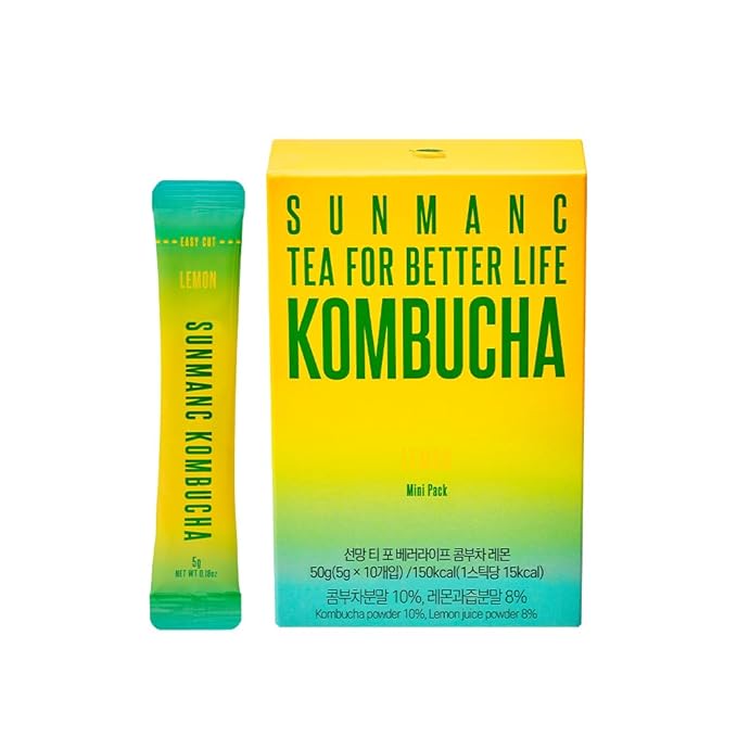 SUNMANC Kombucha 10 packets, Sparkling Probiotic Fermented Drink, Convenient Powdered Drink Mix, Tea Powder, Low Calories, Sugar 0g, Low Caffeine (Lemon)