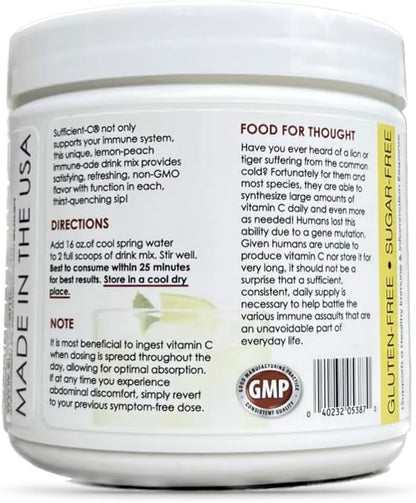 Sufficient-C High-Dosed 4000 mg. Vitamin C Lemon Peach Immune-Ade Drink Mix 250 gram Size - Refreshing with Generously Dosed L-lysine, Bromelain & 96% Pure, Caffeine-Free Green Tea Extract