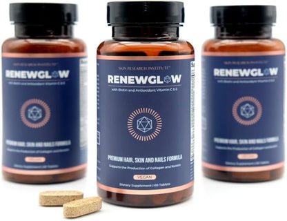 Skin Research Institute Renewglow Biotin 5000mcg Hair Growth Supplement for Women 40 Plus - Gotu Kola Vitamin E, C Zinc for Healthy Hair, Skin and Nails – with 27 Beauty Enhancing Nutrients