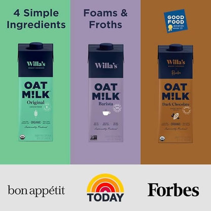 Willa's Organic Oat Milk - Unsweetened Original Oatmilk, Non-GMO, Shelf Stable, Low Sugar, Non-Dairy Milk, Made from Whole Grain Oats, No Oil, No Gums, 32 Oz - Pack of 1