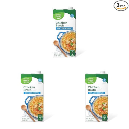 Amazon Fresh, 35% Less Sodium Chicken Broth, 32 Oz (Pack of 3)