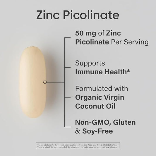 Sports Research High Potency Zinc Picolinate 50mg with Organic Coconut Oil | Highly Absorbable Zinc Supplement for Healthy Immune & Enzyme Function - Non-GMO Tested & Gluten-Free (120 Liquid Softgels)