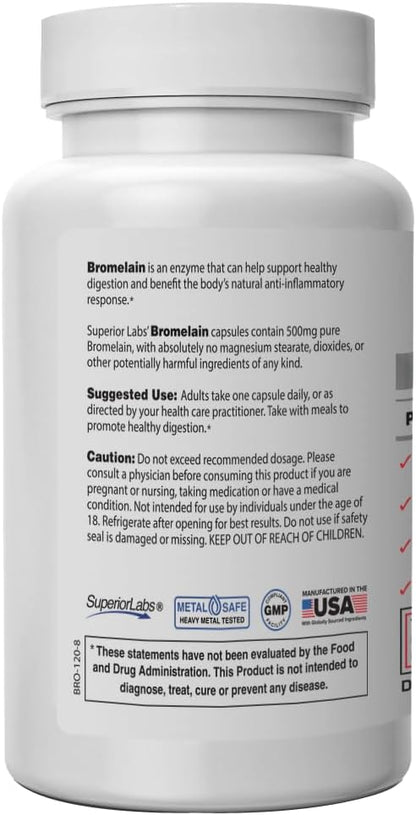 Superior Labs Bromelain 500mg – 2400 GDU/Gram Non-GMO Pineapple Enzyme, Plant-Based Digestive Support, Promotes Joint Comfort & Tissue Health – 120 Veg Caps