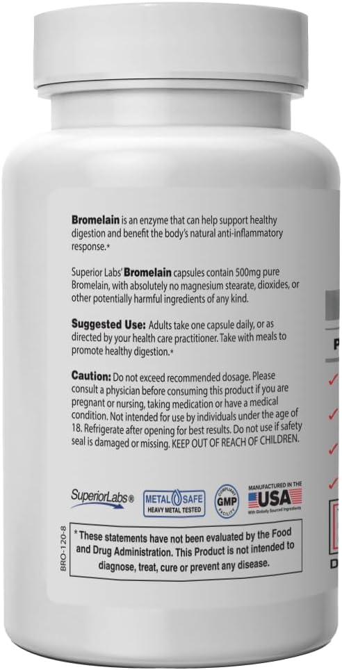 Superior Labs Bromelain 500mg – 2400 GDU/Gram Non-GMO Pineapple Enzyme, Plant-Based Digestive Support, Promotes Joint Comfort & Tissue Health – 120 Veg Caps
