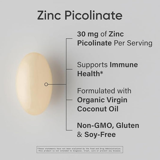 Sports Research High Potency Zinc Picolinate 30mg with Organic Coconut Oil | Highly Absorbable Zinc Supplement for Healthy Immune & Enzyme Function - Non-GMO Tested & Gluten-Free (180 Liquid Softgels)