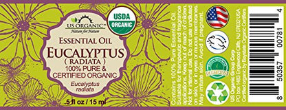 US Organic 100% Pure Eucalyptus Essential Oil (Radiata) - USDA Certified Organic, Steam Distilled - W/Euro droppers (More Size Variations Available) (15 ml / .5 fl oz)