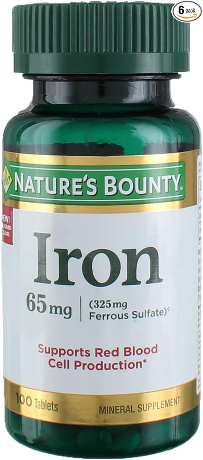 Nature's Bounty Iron 65 mg Tablets 100 Tablets (Pack of 6)