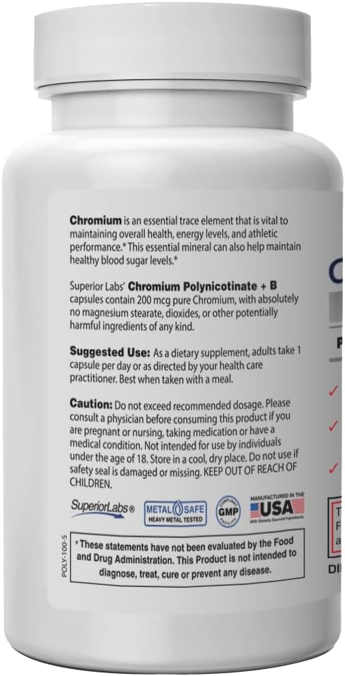 Superior Labs Chromium Polynicotinate 200mcg with Vitamin B3, Non-GMO, High Absorption Niacin-Bound Supplement, Supports Healthy Blood Sugar Levels and Metabolism, 100 Veg Caps, 14-Week Supply