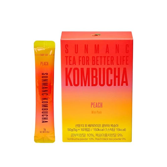 SUNMANC Kombucha 10 packets, Sparkling Probiotic Fermented Drink, Convenient Powdered Drink Mix, Tea Powder, Low Calories, Sugar 0g, Low Caffeine (Peach)