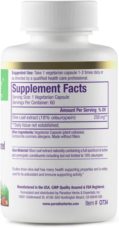 Paradise Herbs Olive Leaf Extract from Spanish Andalusian Olive Trees, Super Potent, Ultra Pure, Non-GMO, Vegan, Gluten Free, 60 Vegetarian Capsules