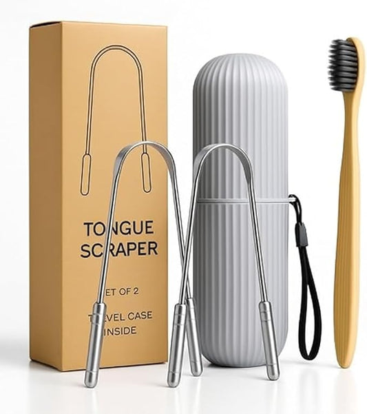 Tongue Scraper Set – Cleaner Kit with Bamboo Toothbrush with Charcoal Bristles & Travel Case – Daily Oral Hygiene Tool for Men & Women (Stainless Steel, 2 - Pack)