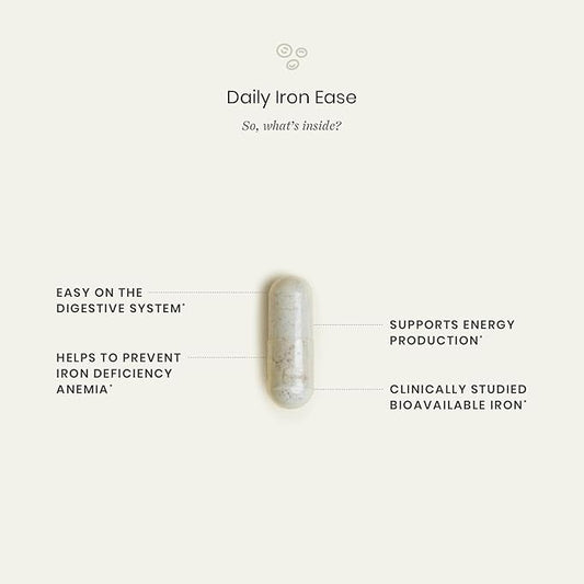 Perelel Daily Iron Ease, 15MG Iron Supplements with Magnesium, Vitamin C, & Vitamin B12 for Nutrient & Energy Support, Capsules for Women and Men, Soy, Dairy & Gluten Free, Non GMO, 30 Pills