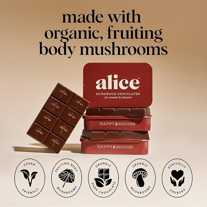 Alice Mushrooms Happy Ending 4-Pack | Sensual Mushroom Chocolates | Improves Mood, Performance, Vitality, Energy and Engagement | Cordyceps, Ashwaganda, Cayenne, Cinnamon