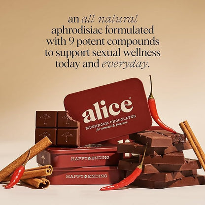 Alice Mushrooms Happy Ending 4-Pack | Sensual Mushroom Chocolates | Improves Mood, Performance, Vitality, Energy and Engagement | Cordyceps, Ashwaganda, Cayenne, Cinnamon