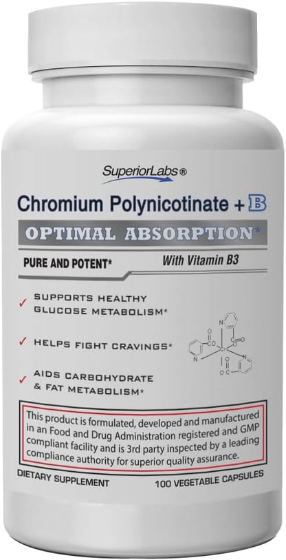 Superior Labs Chromium Polynicotinate 200mcg with Vitamin B3, Non-GMO, High Absorption Niacin-Bound Supplement, Supports Healthy Blood Sugar Levels and Metabolism, 100 Veg Caps, 14-Week Supply
