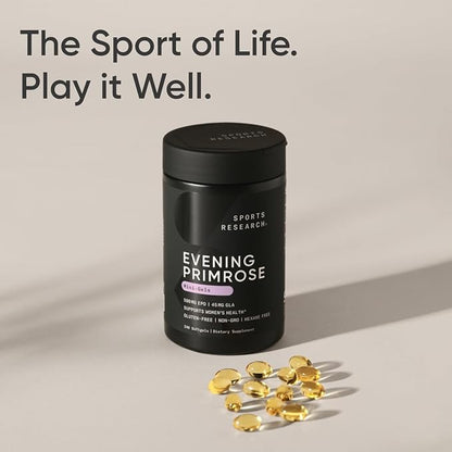 Sports Research Evening Primrose Oil (500mg) Cold-Pressed with No fillers or Artificial Ingredients, Non-GMO Tested - Gluten & Soy Free (240 Liquid Softgels)