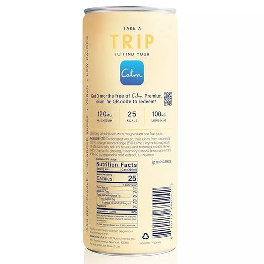 Trip Mindful Blend, Lightly Sparkling Calming Drink, 120 MG Magnesium Citrate with Ashwagandha, Lions Mane & L Theanine, No Added Sugar, Low Calorie, Vegan, Blood Orange, 12 Oz, 12Pk