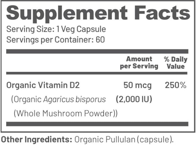 Vegan Whole Food Vitamin D, 2000 IU (50 mcg), D2, Two Ingredients (Organic Whole Mushroom and Organic Vegan Capsule), Non-GMO, Third Party Tested, 60 Day Supply