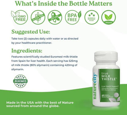 NatureCity TrueMilkThistle | Milk Thistle Supplement 525mg | Milk Thistle (80% silymarin) containing 420mg of Silymarin | Antioxidant Support | Liver Support Supplement | 60 Veggie Capsules
