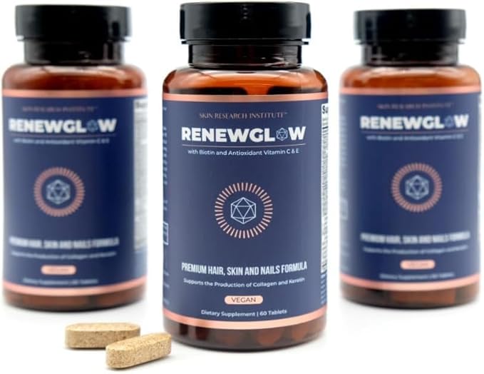 Skin Research Institute Renewglow Biotin 5000mcg Hair Growth Supplement for Women 40 Plus - Gotu Kola Vitamin E, C Zinc for Healthy Hair, Skin and Nails – with 27 Beauty Enhancing Nutrients