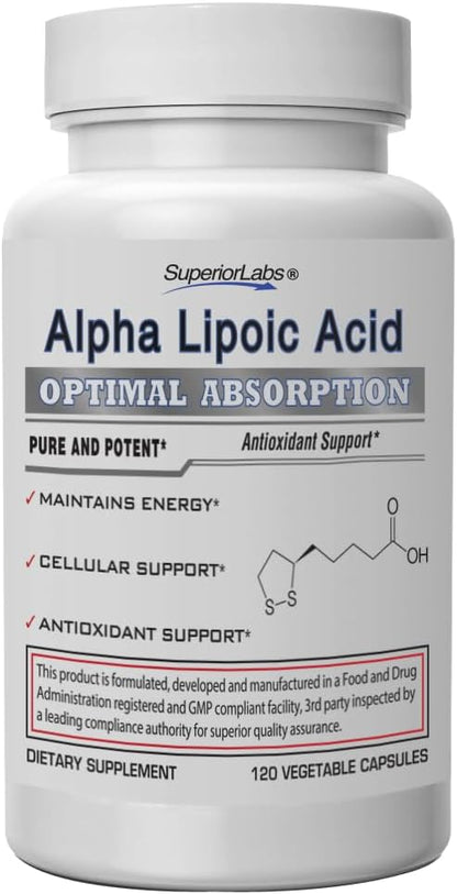 Superior Labs Alpha Lipoic Acid 600 mg Capsules, Pure Non-GMO ALA, High Absorption, Nerve Support, Healthy Circulation and Nerve Response, Healthy Aging Antioxidant, 120 Veg Caps, 4-Month Supply