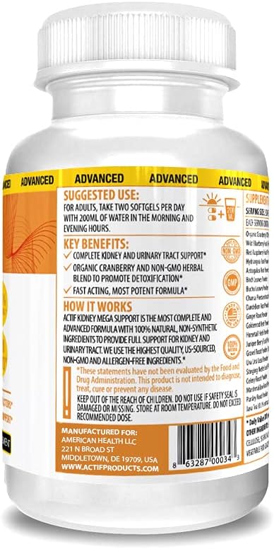 Actif Kidney Mega Support with 10+ Advanced Factors, Boosts Healthy Kidney Function, Kidney Cleanse, Non-GMO, Fast Acting, Made in USA, 120 Count
