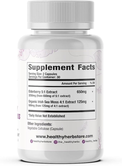 Wildcrafted Elderberry Sea Moss Capsules | 2600mg Irish Sea Moss + Elderberry Essentials Blend | US-Made, Vegan, Non-GMO, Easy-Swallow (2-Pack)