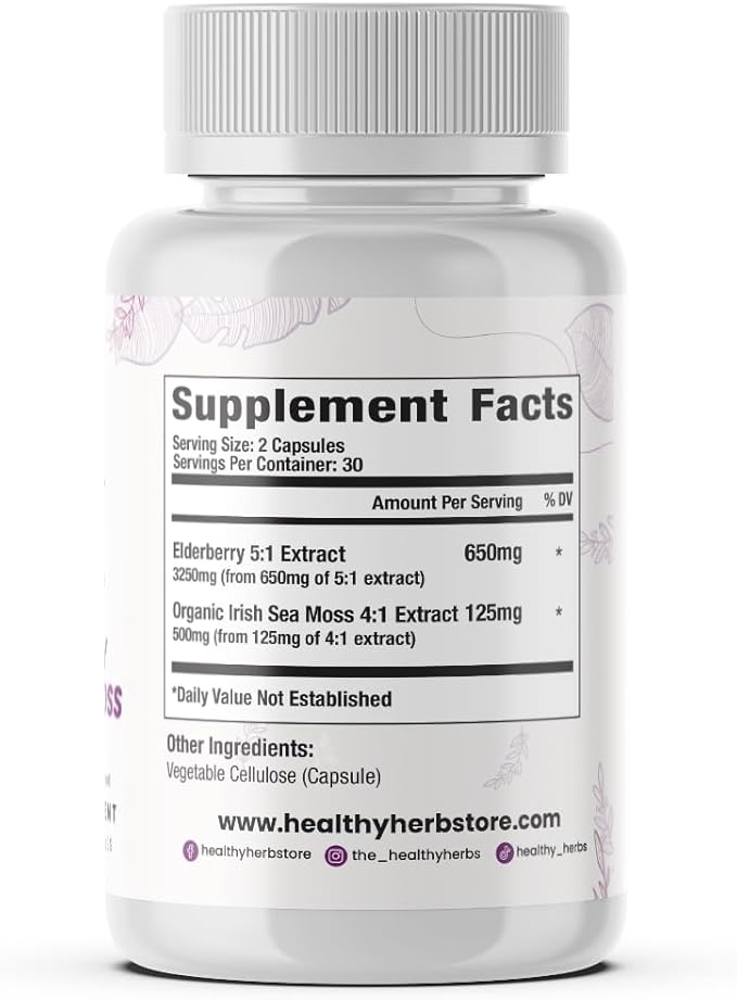Wildcrafted Elderberry Sea Moss Capsules | 2600mg Irish Sea Moss + Elderberry Essentials Blend | US-Made, Vegan, Non-GMO, Easy-Swallow (60 Capsules)
