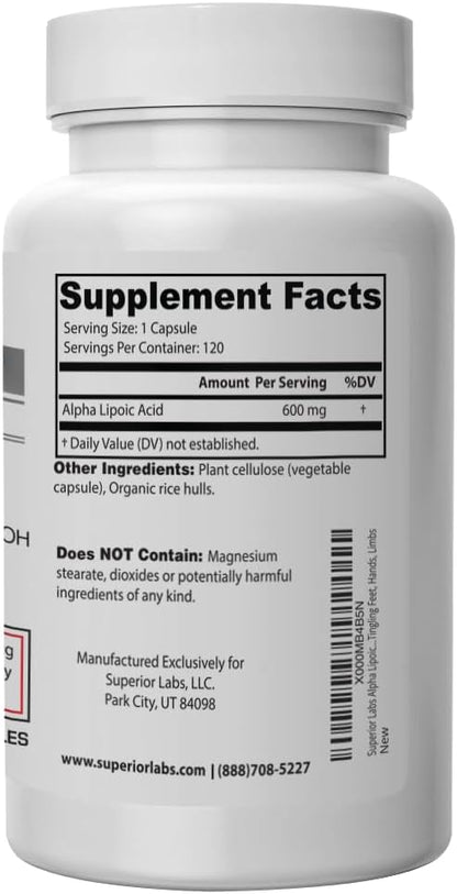 Superior Labs Alpha Lipoic Acid 600 mg Capsules, Pure Non-GMO ALA, High Absorption, Nerve Support, Healthy Circulation and Nerve Response, Healthy Aging Antioxidant, 120 Veg Caps, 4-Month Supply