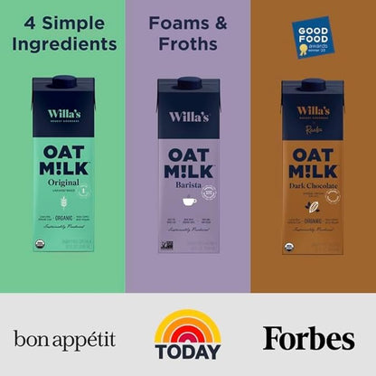 Willa's Organic Oat Milk - Chocolate Unsweetened Cacao Oatmilk, Non-GMO, Shelf Stable, Low Sugar, Non-Dairy Milk, Made from Whole Grain Oats, No Oil, No Gums, 32 Oz - Pack of 6