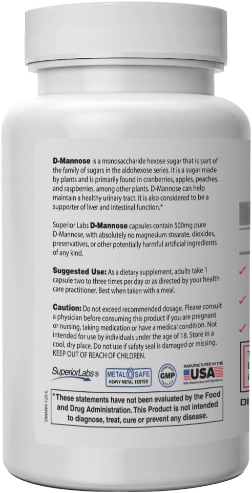 Superior Labs D-Mannose 500 mg, Pure Non-GMO Optimal Absorption Prebiotic, Urinary Tract, Bladder & Kidney UTI Support, Digestive & Liver Health Aid, IC Relief for Women & Men, 120 Veg Caps
