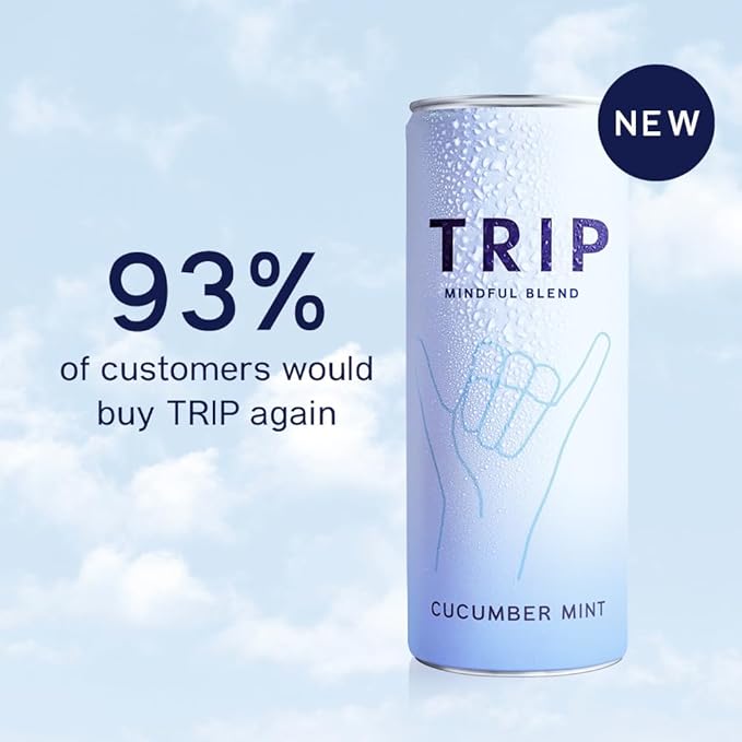 Trip Mindful Blend, Lightly Sparkling Adaptogen Seltzer, Mocktail w/ 120mg Magnesium Citrate with Ashwagandha, Lions Mane & L Theanine, No Added Sugar, Vegan, Melon Cucumber, 12 Oz, 12Pk