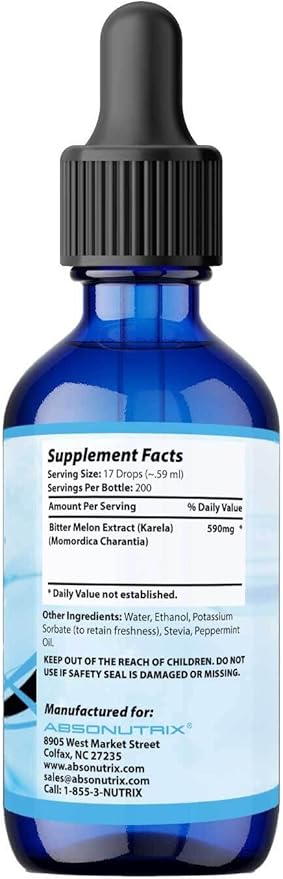 Absonutrix Bitter Melon Extract 590 mg, 4 Fl Oz, 200 Servings, Optimum Bioavailability, Quality Ingredients, Cruelty-Free Products, Non-GMO, Third-Party Tested, GMP-Certified, Made in USA
