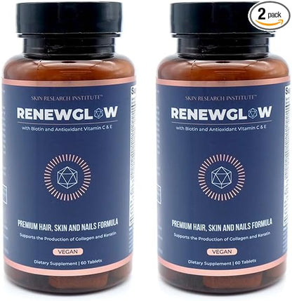 Skin Research Institute Renewglow Biotin 5000mcg Hair Growth Supplement for Women 40 Plus - Gotu Kola Vitamin E, C Zinc for Healthy Hair, Skin and Nails – with 27 Beauty Enhancing Nutrients