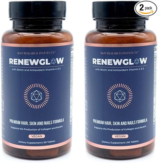 Skin Research Institute Renewglow Biotin 5000mcg Hair Growth Supplement for Women 40 Plus - Gotu Kola Vitamin E, C Zinc for Healthy Hair, Skin and Nails – with 27 Beauty Enhancing Nutrients