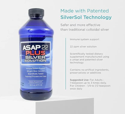 American Biotech Labs - ASAP 22 Plus Silver Solution - Immune System Support, 22 ppm Silver Solution Dietary Supplement - (16 oz)