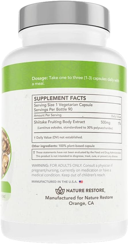 Nature Restore Shiitake Mushroom Extract Supplement, 90 Capsules, High 30% Polysaccharide Concentration, Non-GMO, Gluten Free