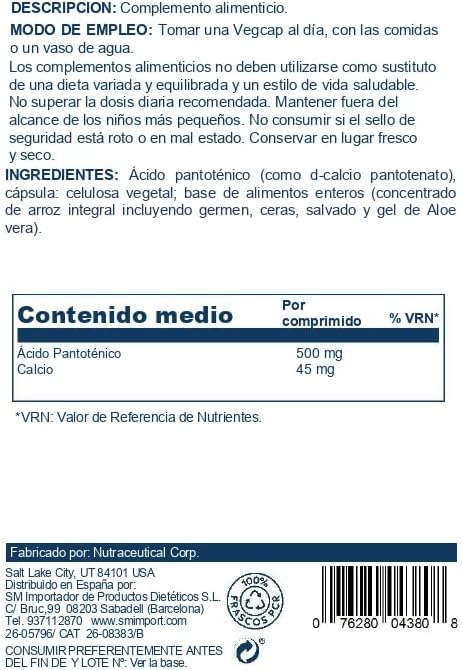 Solaray Pantothenic Acid 500mg -100 Caps
