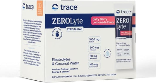 Trace Minerals ZeroLyte - Drink Mix Powder Supports Hydration & Energy - Aids Healthy Nerve & Muscle Function - Support Heart & Digestion Health - Salty Berry Lemonade, 30 Packets (30 Servings)