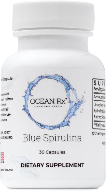 Organic Pure Blue Spirulina Capsules | Natural Superfood | Prebiotic Phycocyanin Supplement | Healty Skin, Oral Health, & Wound Recovery | 30 Serving Bottle