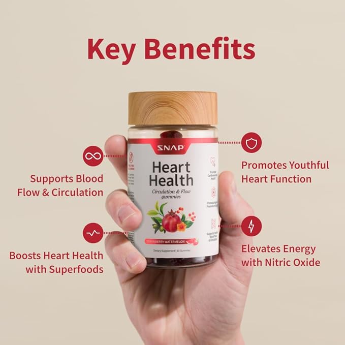 Snap Supplements Heart Health Gummies, Blood Circulation Supplements, CoQ10 Heart Health Supplements, Blood Flow Supplement, Sugar Free, 60 Gummies