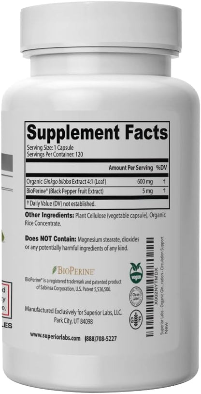 SuperiorLabs Ginkgo Biloba 1200 mg, Non-GMO, Black Pepper for Increased Absorption, Ginkgo Extract, Improves Memory & Focus, Circulation Booster, Natural Antioxidant Nootropic, 120 Veg Caps