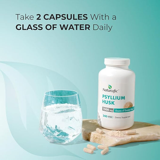 Psyllium Husk Capsules 1500mg – 100% Natural Fiber Supplement for Digestive Health & Regularity – Supports Gut Health & Weight Management – Non-GMO – 240 Capsules