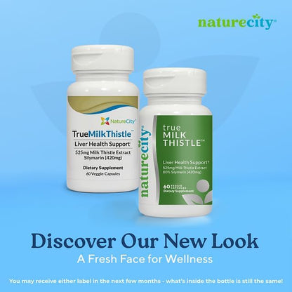 NatureCity TrueMilkThistle | Milk Thistle Supplement 525mg | Milk Thistle (80% silymarin) containing 420mg of Silymarin | Antioxidant Support | Liver Support Supplement | 60 Veggie Capsules