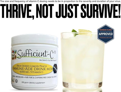 Sufficient-C High-Dosed 4000 mg. Vitamin C Lemon Peach Immune-Ade Drink Mix 250 gram Size - Refreshing with Generously Dosed L-lysine, Bromelain & 96% Pure, Caffeine-Free Green Tea Extract