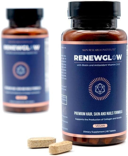Skin Research Institute Renewglow Biotin 5000mcg Hair Growth Supplement for Women 40 Plus - Gotu Kola Vitamin E, C Zinc for Healthy Hair, Skin and Nails – with 27 Beauty Enhancing Nutrients