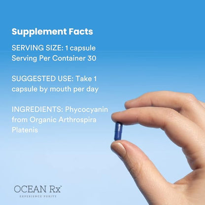 Organic Pure Blue Spirulina Capsules | Natural Superfood | Prebiotic Phycocyanin Supplement | Healty Skin, Oral Health, & Wound Recovery | 30 Serving Bottle
