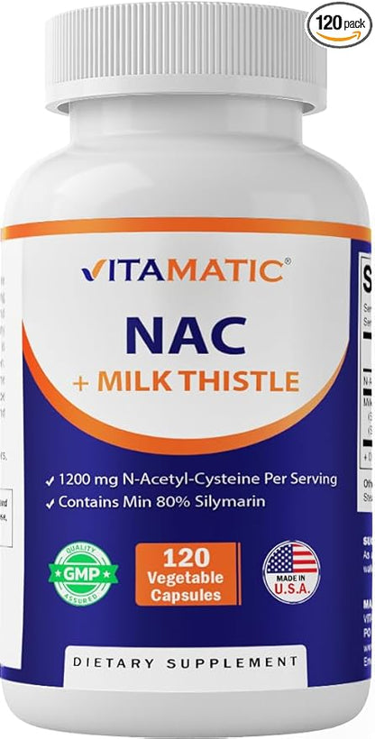 Vitamatic NAC Supplement N-Acetyl-L-Cysteine (NAC) with Milk Thistle 50:1 Extract - Supports Immune, Respiratory, Liver Health, 1200 mg per Serving, 120 Veg Capsules