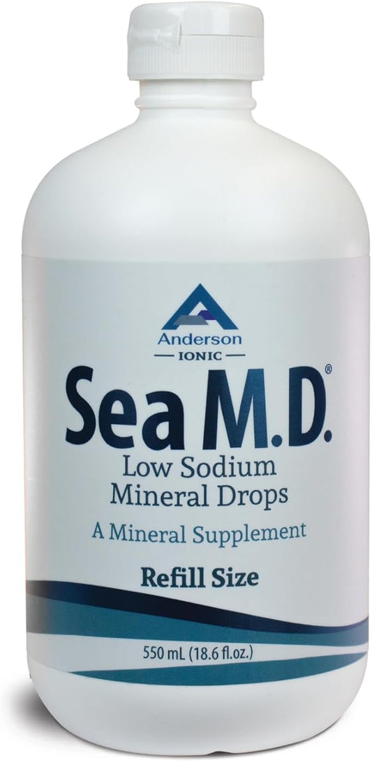 Anderson Sea M.D. New Refill Size Concentrated Trace Mineral Drops, Ionic Electrolyte Magnesium Supplement, Aids in Muscle Cramps, Liquid Magnesium, Easy to Take, 550mL, 275 Servings